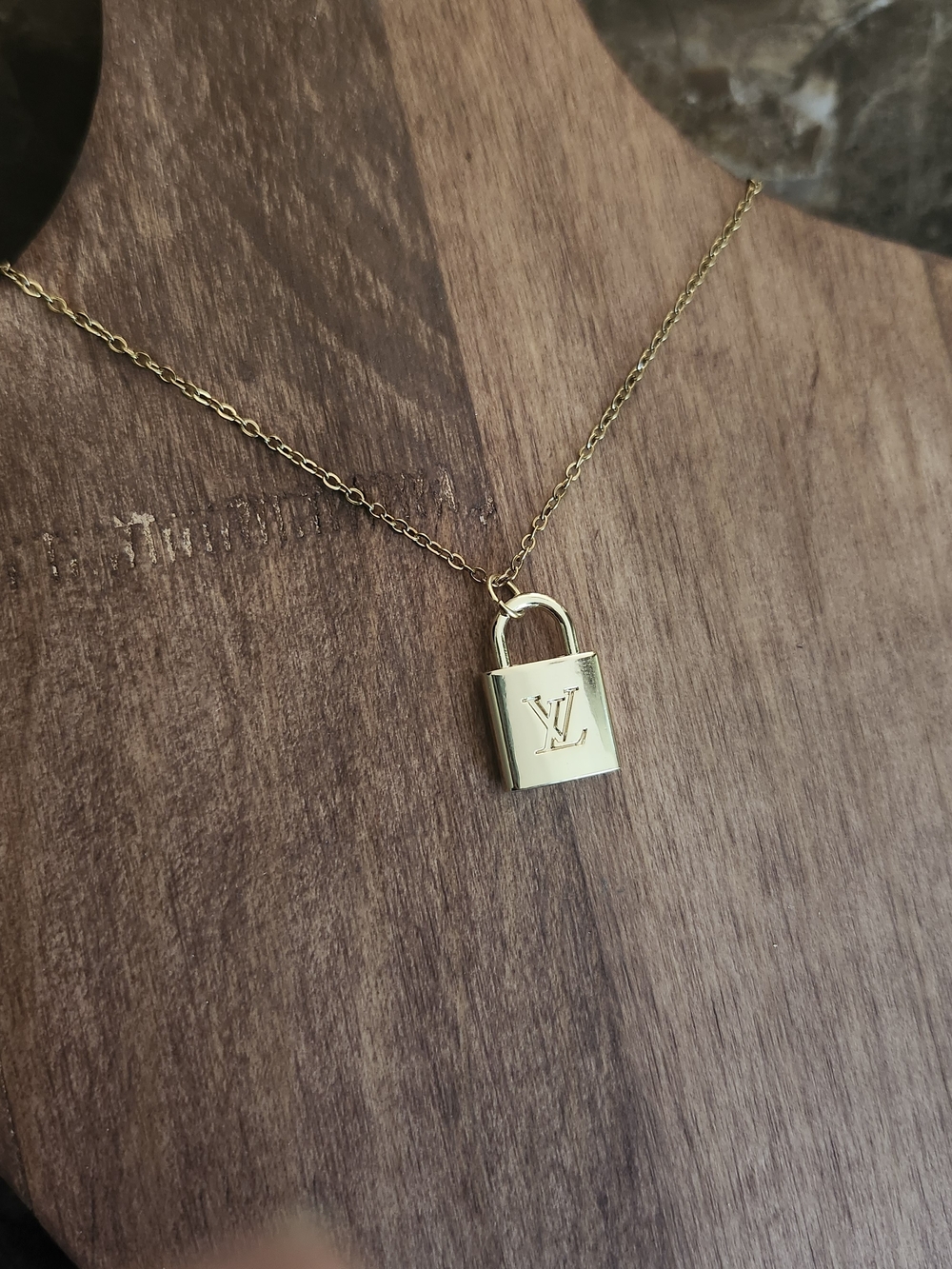 Upcycled Louis Vuitton Gold Tone Padlock Pendant Necklace